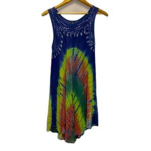 Women's Blue Yellow Tie Dye Gauzy Embroidered Sleeveless Swing Dress One Size